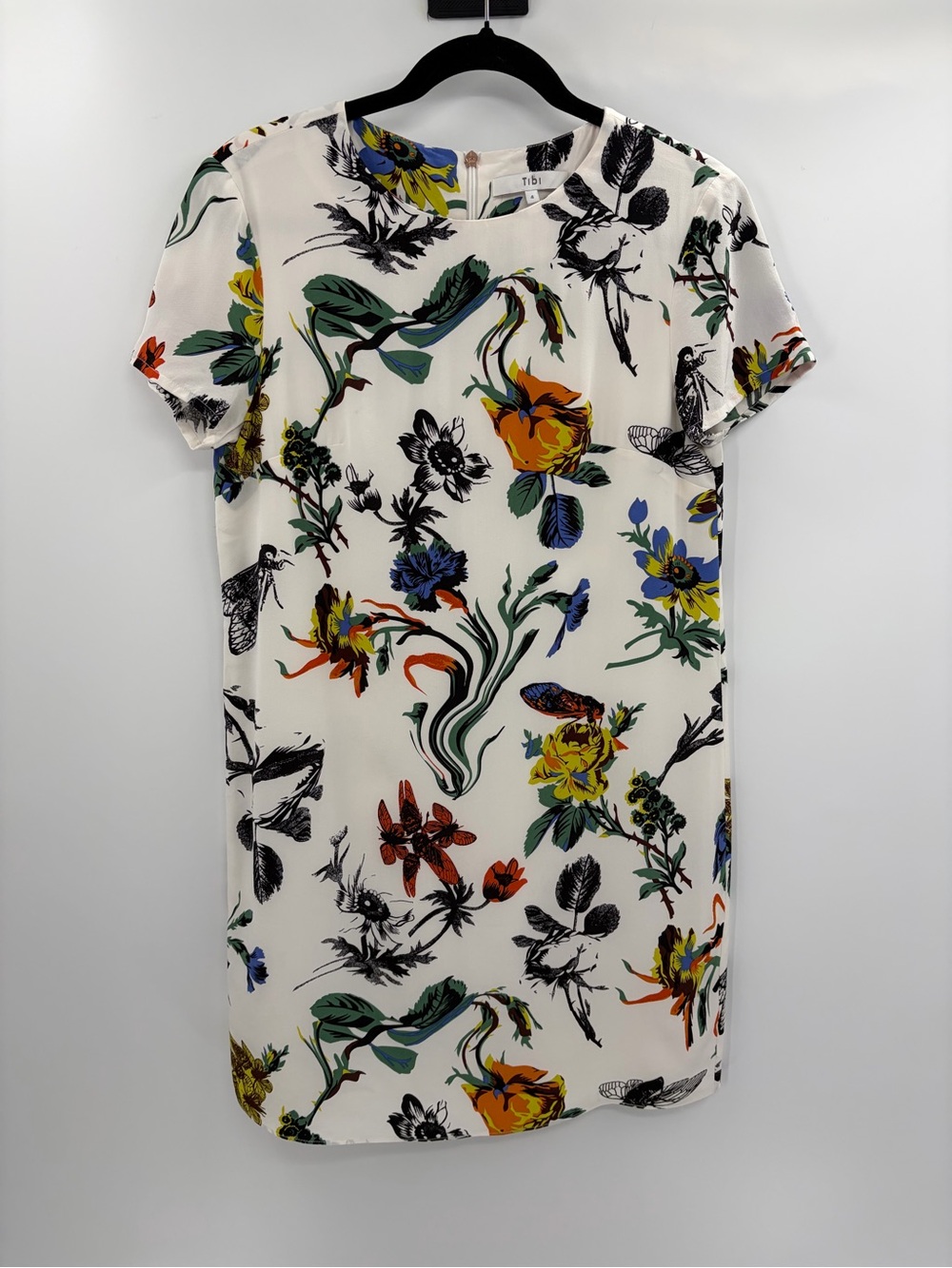 Tibi Floral Print Silk Blend t-shirt dress boho shift Botanical Bird short sz 4